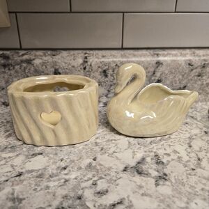 Cream Ceramic Swan and Heart Candle Holders Small Trinket Dishes